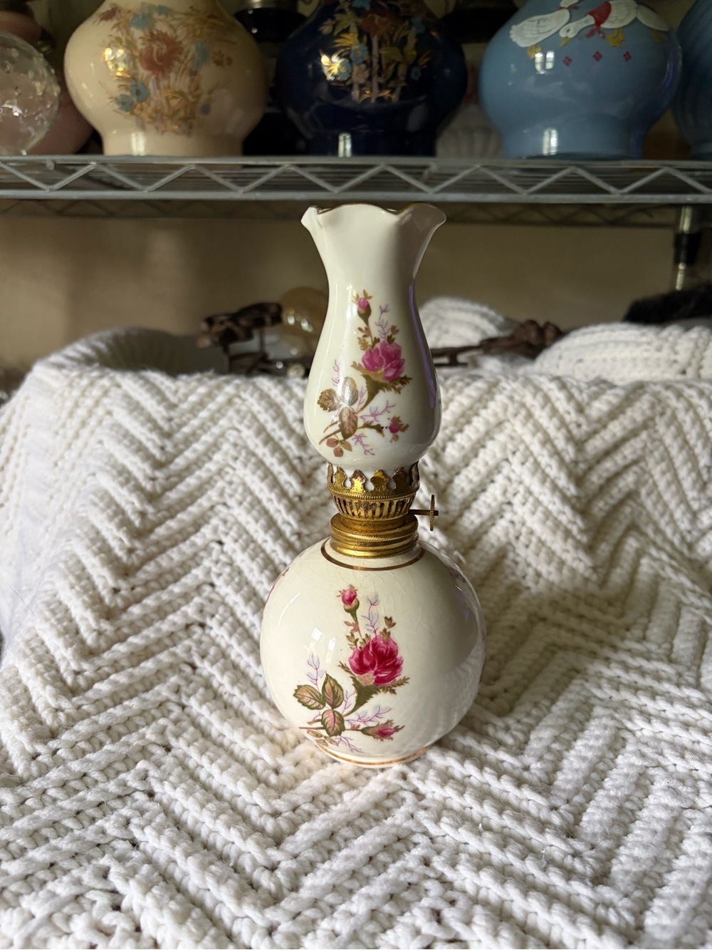 Floral Porcelain Mini Oil Lamp - White with Pink Rose